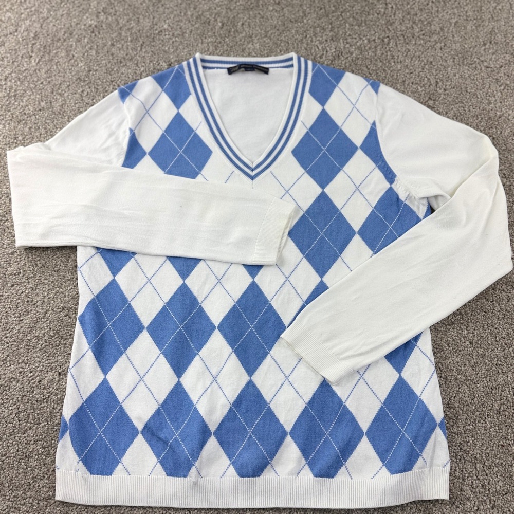 Brooks Brothers 346 Argyle Sweater Women L Blue White Preppy Knit Vneck Golfcore